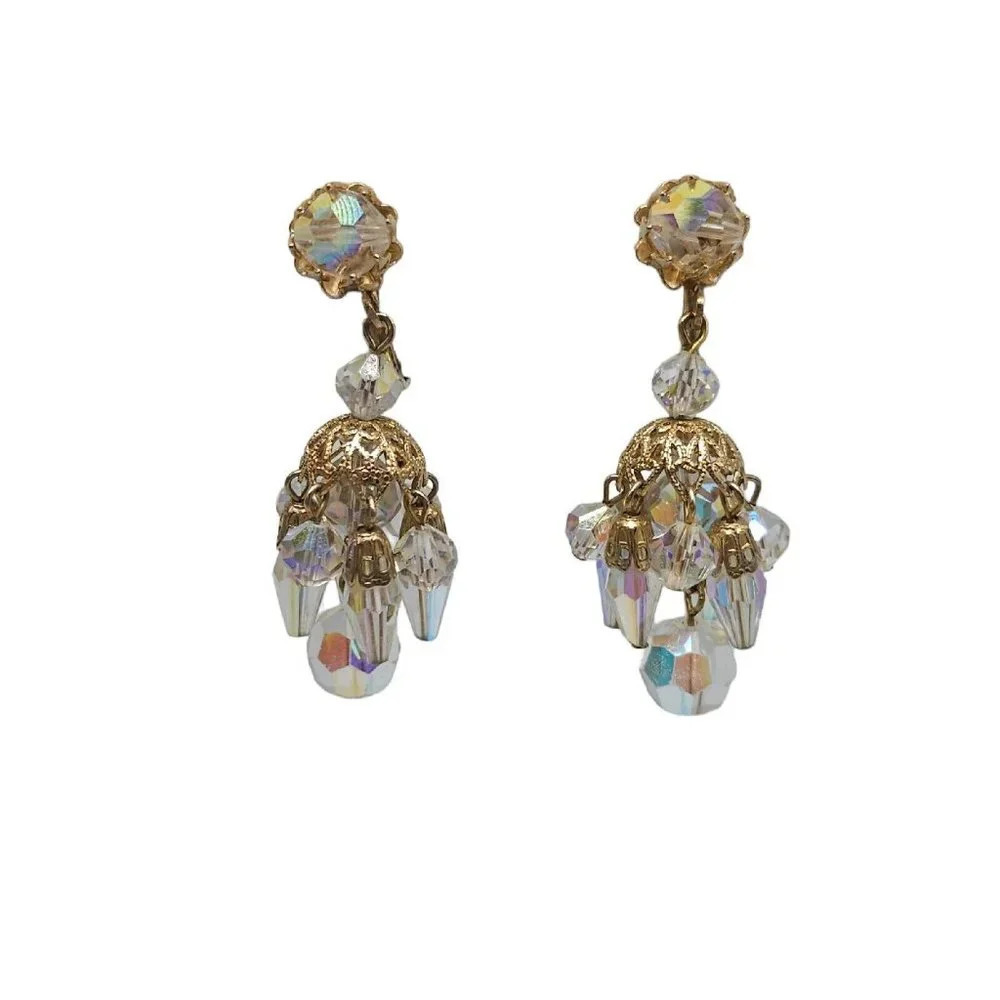 VENDOME Earrings Clip On Cluster Clear AB Bead Drop Dangle Earrings Signed